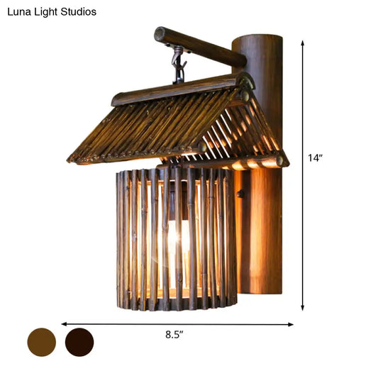 Asian Bamboo Wall Sconce In Dark Coffee/Khaki With Half-Cylinder Backplate