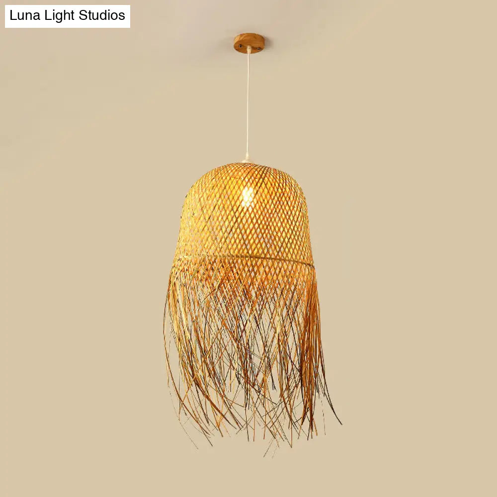 Asian Bamboo Weaving Dome Pendant Light With Fringed Wood Detail - 1-Light Ceiling Lamp For Dining