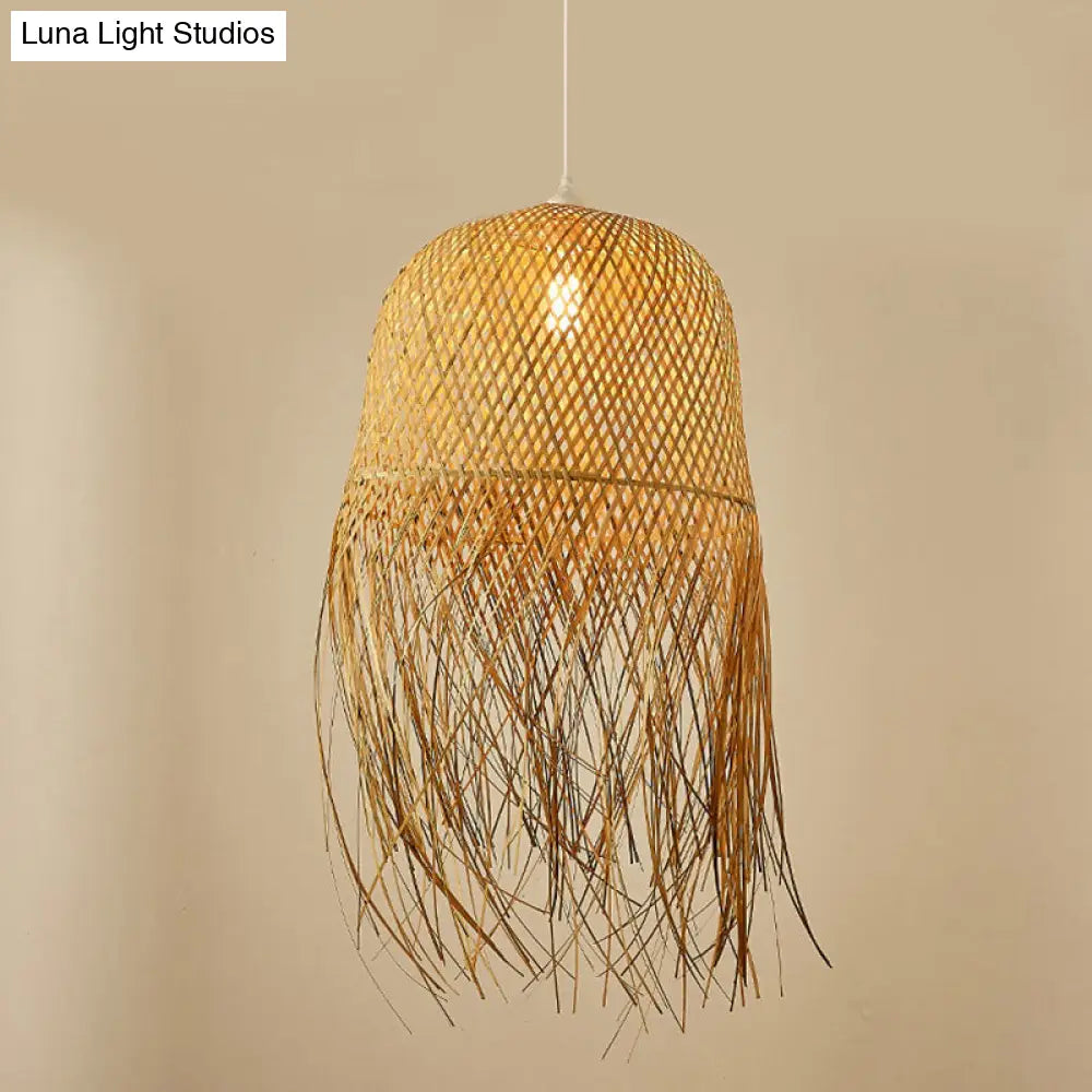 Asian Bamboo Weaving Dome Pendant Light With Fringed Wood Detail - 1-Light Ceiling Lamp For Dining