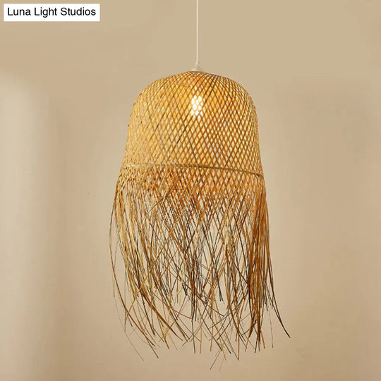 Asian Bamboo Weaving Dome Pendant Light With Fringed Wood Detail - 1-Light Ceiling Lamp For Dining