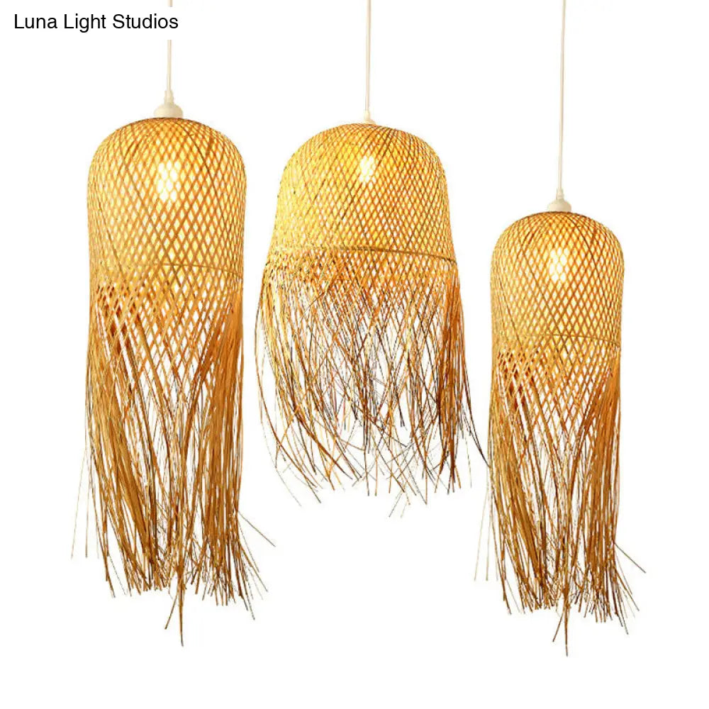 Asian Bamboo Weaving Dome Pendant Light With Fringed Wood Detail - 1-Light Ceiling Lamp For Dining