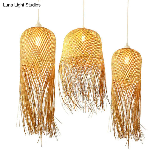 Asian Bamboo Weaving Dome Pendant Light With Fringed Wood Detail - 1-Light Ceiling Lamp For Dining