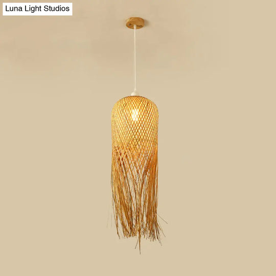 Asian Bamboo Weaving Dome Pendant Light With Fringed Wood Detail - 1-Light Ceiling Lamp For Dining