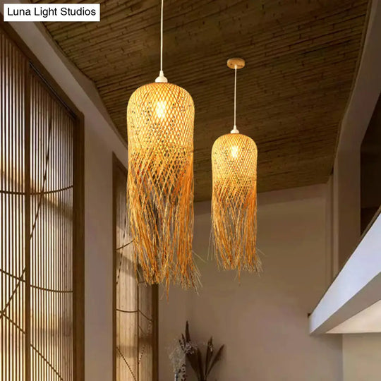 Asian Bamboo Weaving Dome Pendant Light With Fringed Wood Detail - 1-Light Ceiling Lamp For Dining