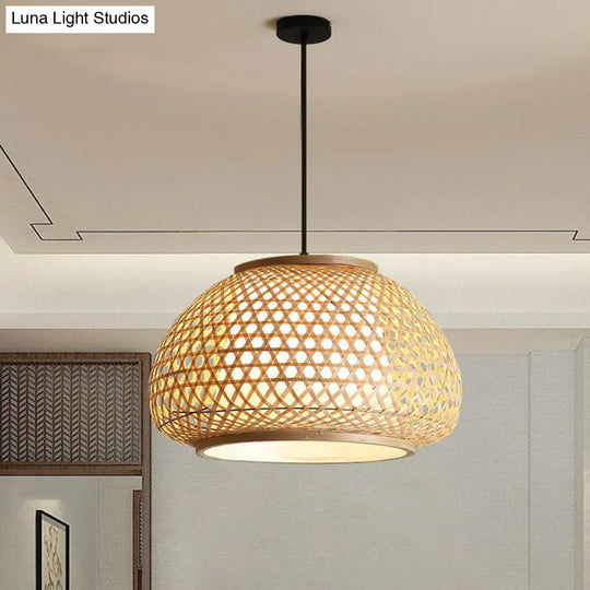 Asian Bamboo Woven Pendant Light For Dining Room - Wood Bowl Shape With 1