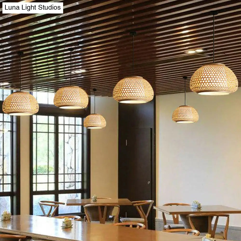 Asian Bamboo Woven Pendant Light For Dining Room - Wood Bowl Shape With 1