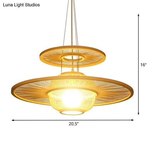 Asian Beige Bamboo Pendant Light: 1-Head Restaurant Hanging Lamp With Round Shade