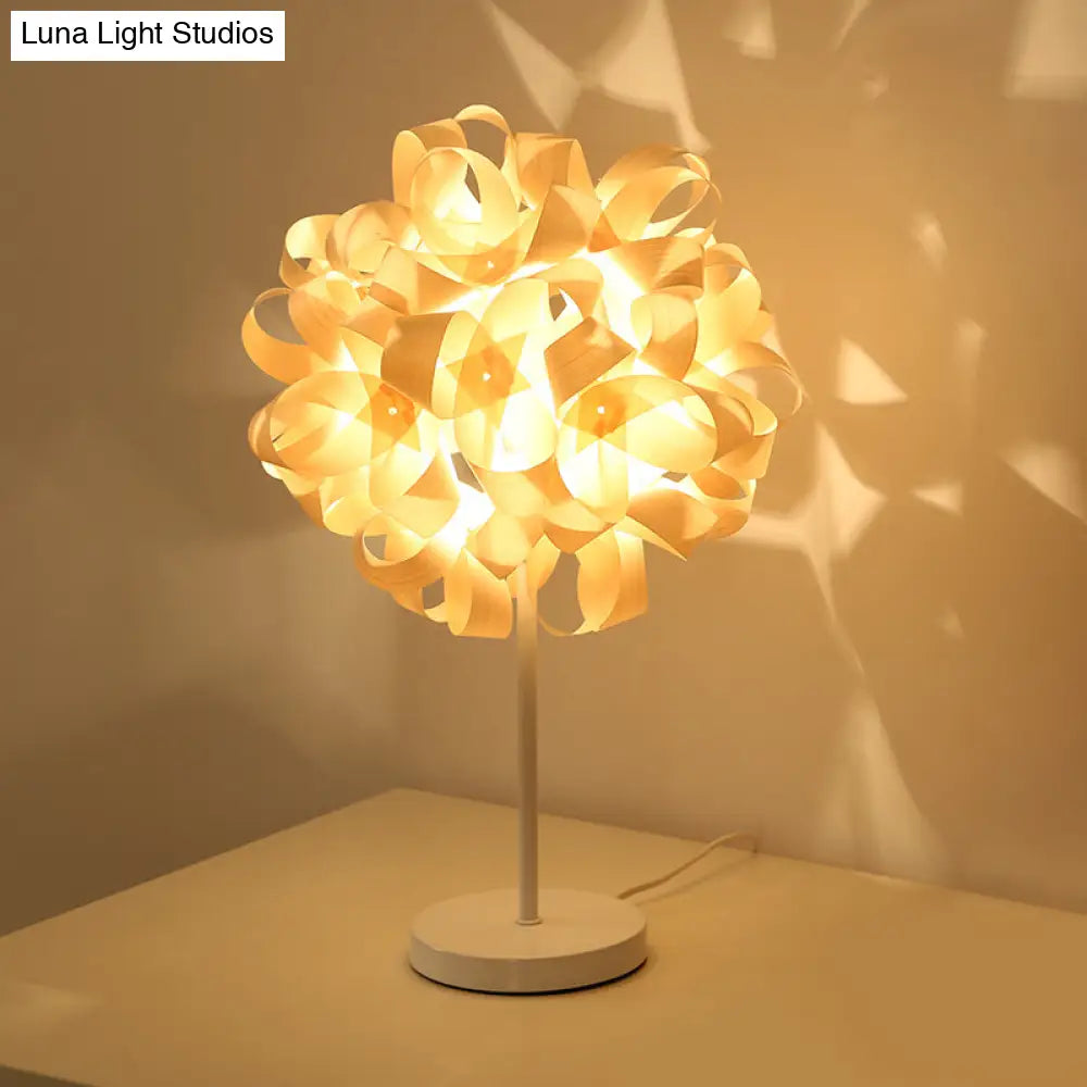 Asian Beige Bedside Desk Lamp With Floral Wood Shade - Small Size Task Lighting