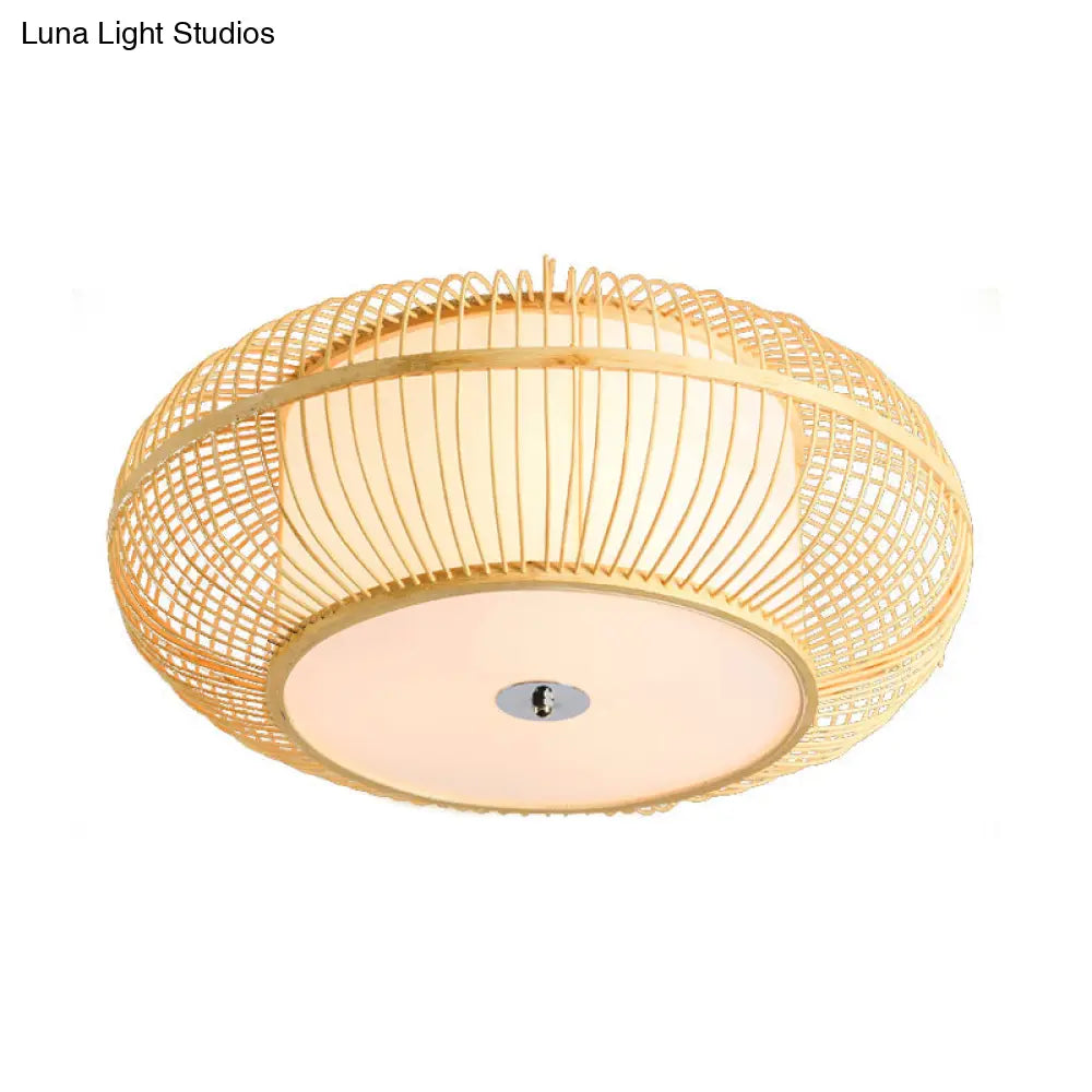 Asian Beige Ceiling Mounted Flush Light With Bamboo Shade - 1 Head Bedroom Fixture