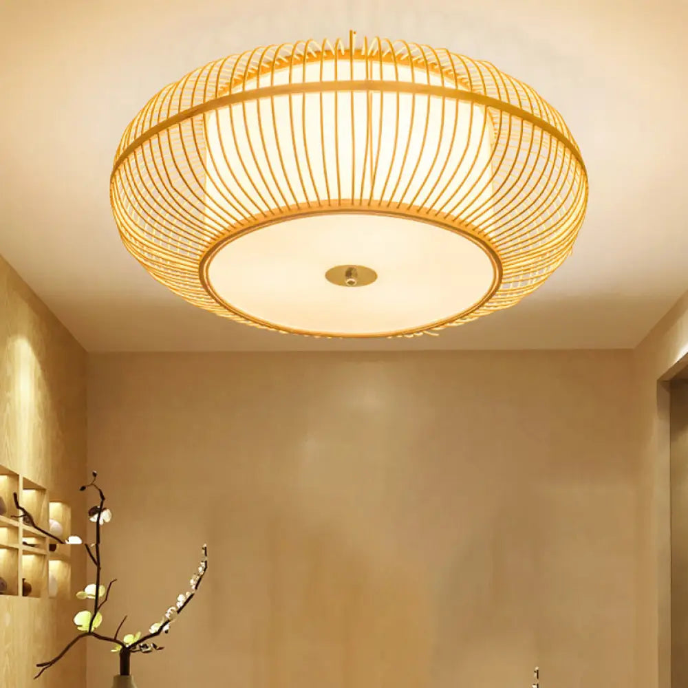 Asian Beige Ceiling Mounted Flush Light With Bamboo Shade - 1 Head Bedroom Fixture