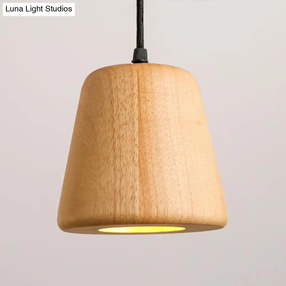 Asian Beige Conical Hanging Light Fixture With Wood Shade - Ceiling Lighting Single Bulb