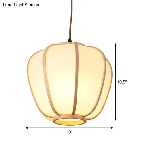 Asian Beige Hanging Pendant Light With Lantern Wood Shade For Restaurants