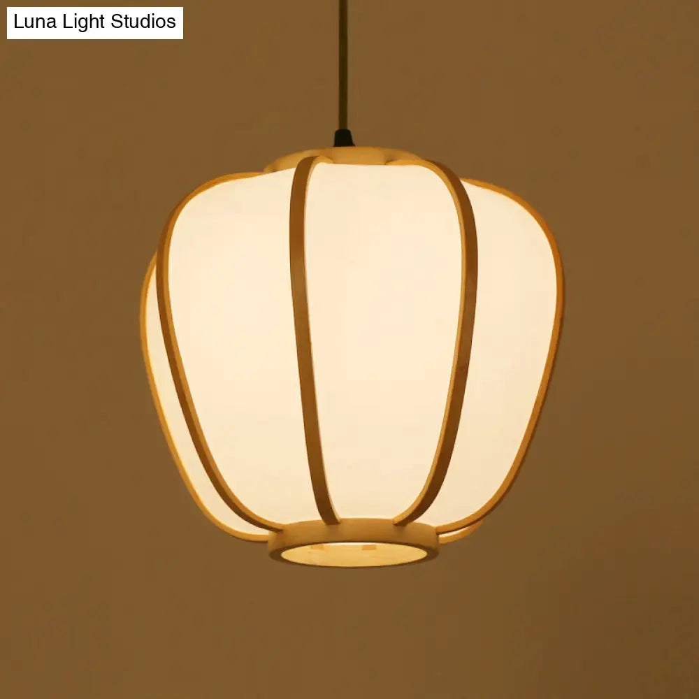 Asian Beige Hanging Pendant Light With Lantern Wood Shade For Restaurants