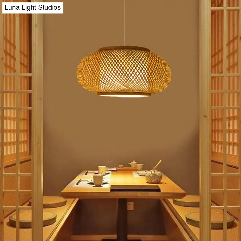 1-Light Asian Beige Pendant Lamp With Rattan Shade - Restaurant Pendulum Light

Alternatively A