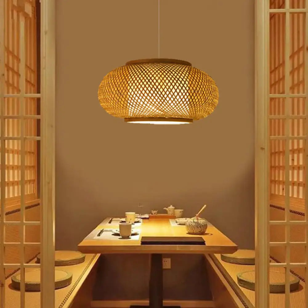 Asian Beige Pendant Lamp With Rattan Shade - 1-Light Restaurant Lighting / Drum