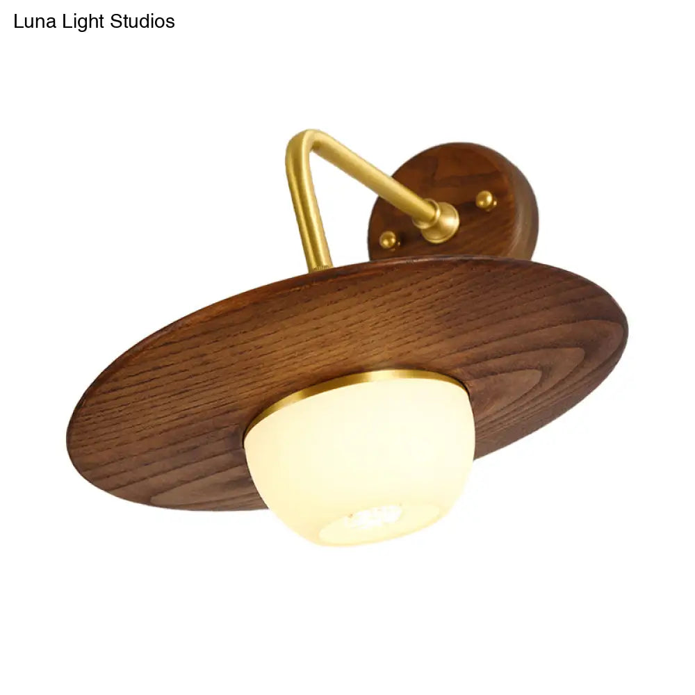 Asian Brass Wall Sconce With Wooden Globe Shade - Bedroom Light Fixture