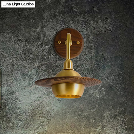 Asian Brass Wall Sconce With Wooden Globe Shade - Bedroom Light Fixture