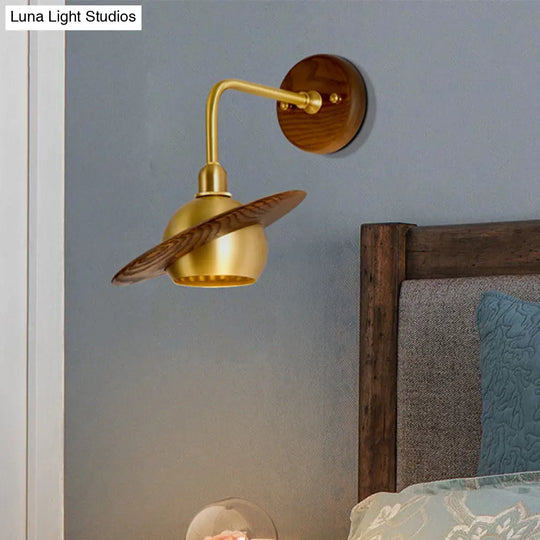 Asian Brass Wall Sconce With Wooden Globe Shade - Bedroom Light Fixture