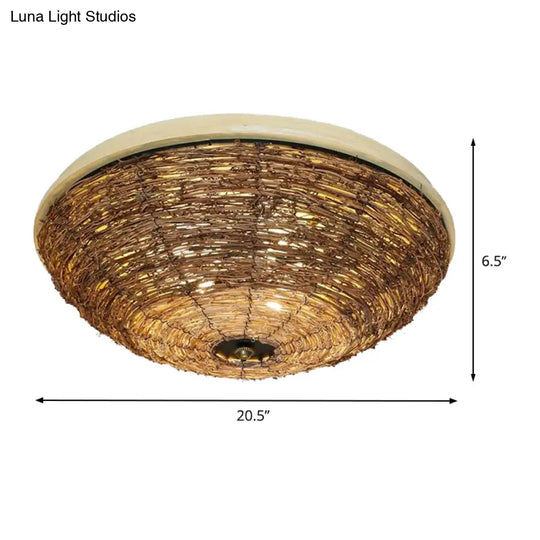 Asian Brown Flush Mount Ceiling Light With Rattan Shade For Dining Room - Set Of 3 Bulbs