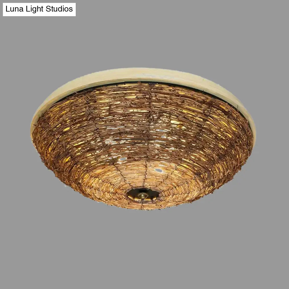 Asian Brown Flush Mount Ceiling Light With Rattan Shade For Dining Room - Set Of 3 Bulbs