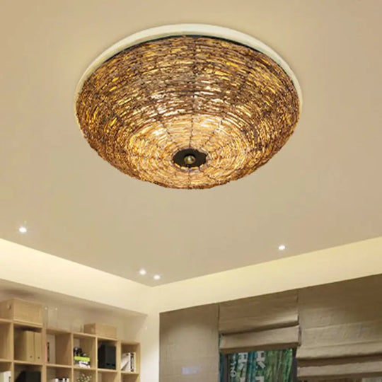 Asian Brown Flush Mount Ceiling Light With Rattan Shade For Dining Room - Set Of 3 Bulbs