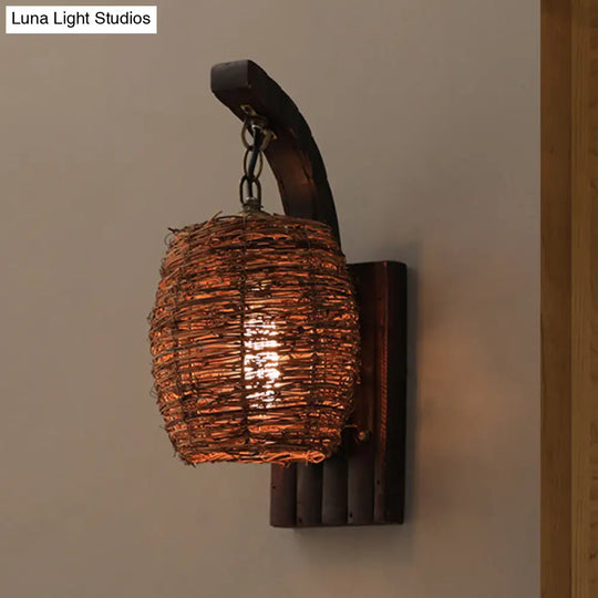 Asian Brown Lantern Bamboo Shade Wall Sconce For Dining Room