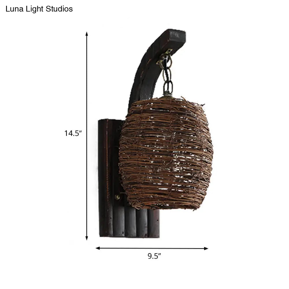 Asian Brown Lantern Bamboo Shade Wall Sconce For Dining Room