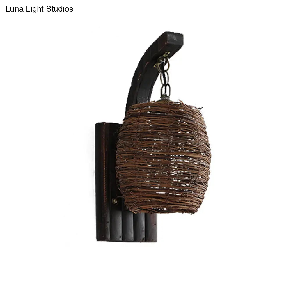 Asian Brown Lantern Bamboo Shade Wall Sconce For Dining Room