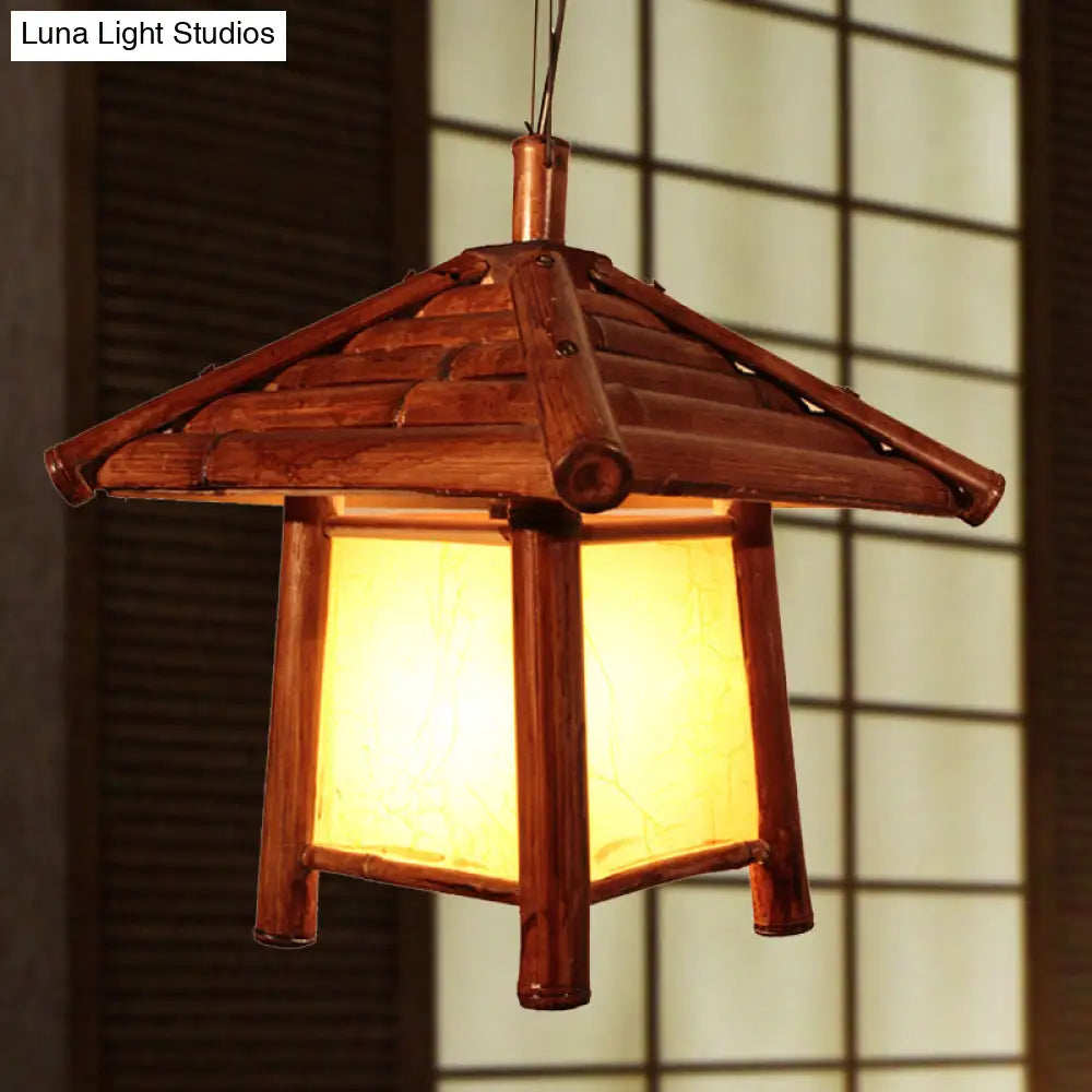 Asian Brown Pendant Light With Tower Wood Shade - 1 Bulb Restaurant Ceiling Lighting Fixture