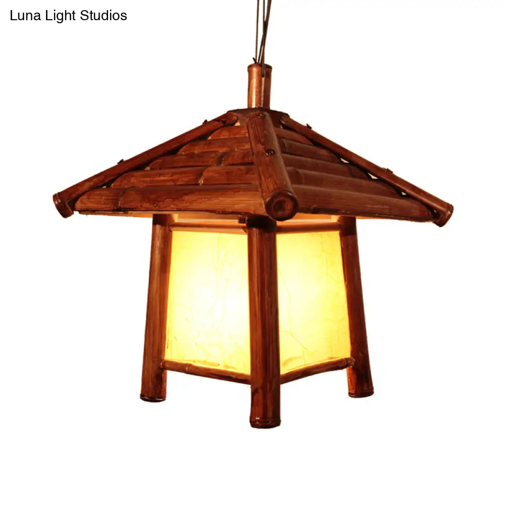 Asian Brown Pendant Light With Tower Wood Shade - 1 Bulb Restaurant Ceiling Lighting Fixture