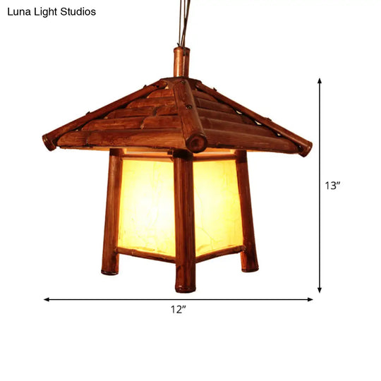 Asian Brown Pendant Light With Tower Wood Shade - 1 Bulb Restaurant Ceiling Lighting Fixture