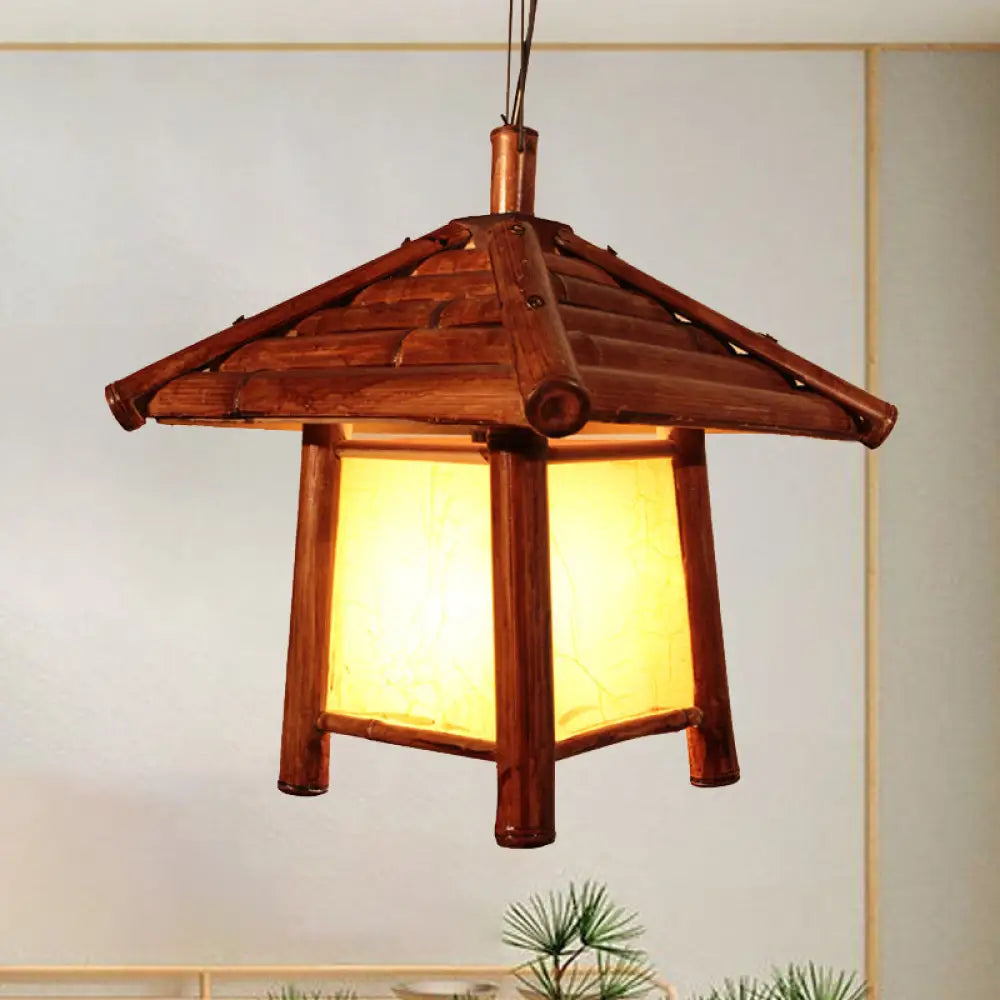 Asian Brown Pendant Light With Tower Wood Shade - 1 Bulb Restaurant Ceiling Lighting Fixture