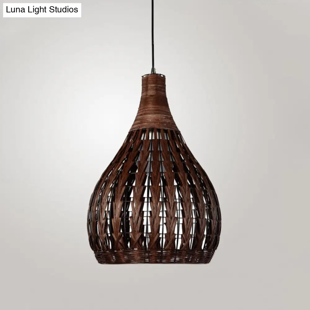 Asian Coffee Rattan Pendant Lamp With Jar Shade - Elegant Bedroom Ceiling Light