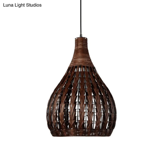 Asian Coffee Rattan Pendant Lamp With Jar Shade - Elegant Bedroom Ceiling Light