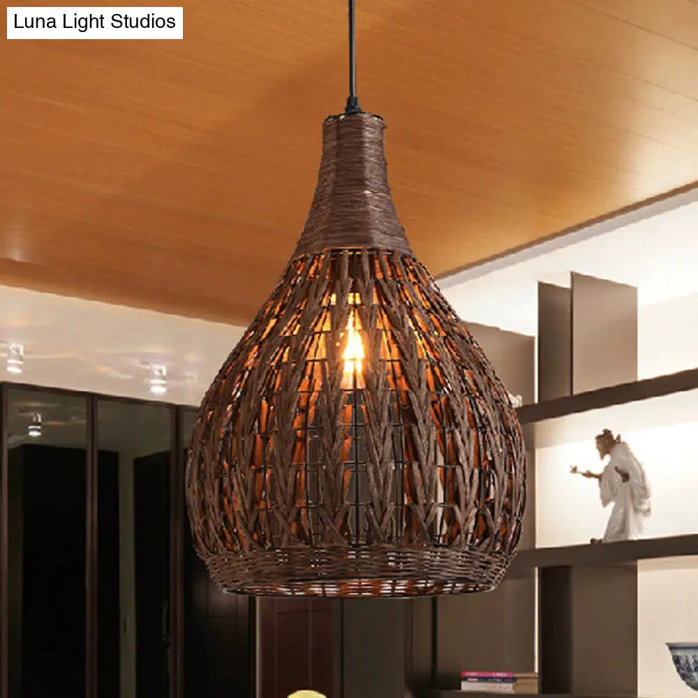 Asian Coffee Rattan Pendant Lamp With Jar Shade - Elegant Bedroom Ceiling Light