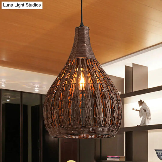 Asian Coffee Rattan Pendant Lamp With Jar Shade - Elegant Bedroom Ceiling Light