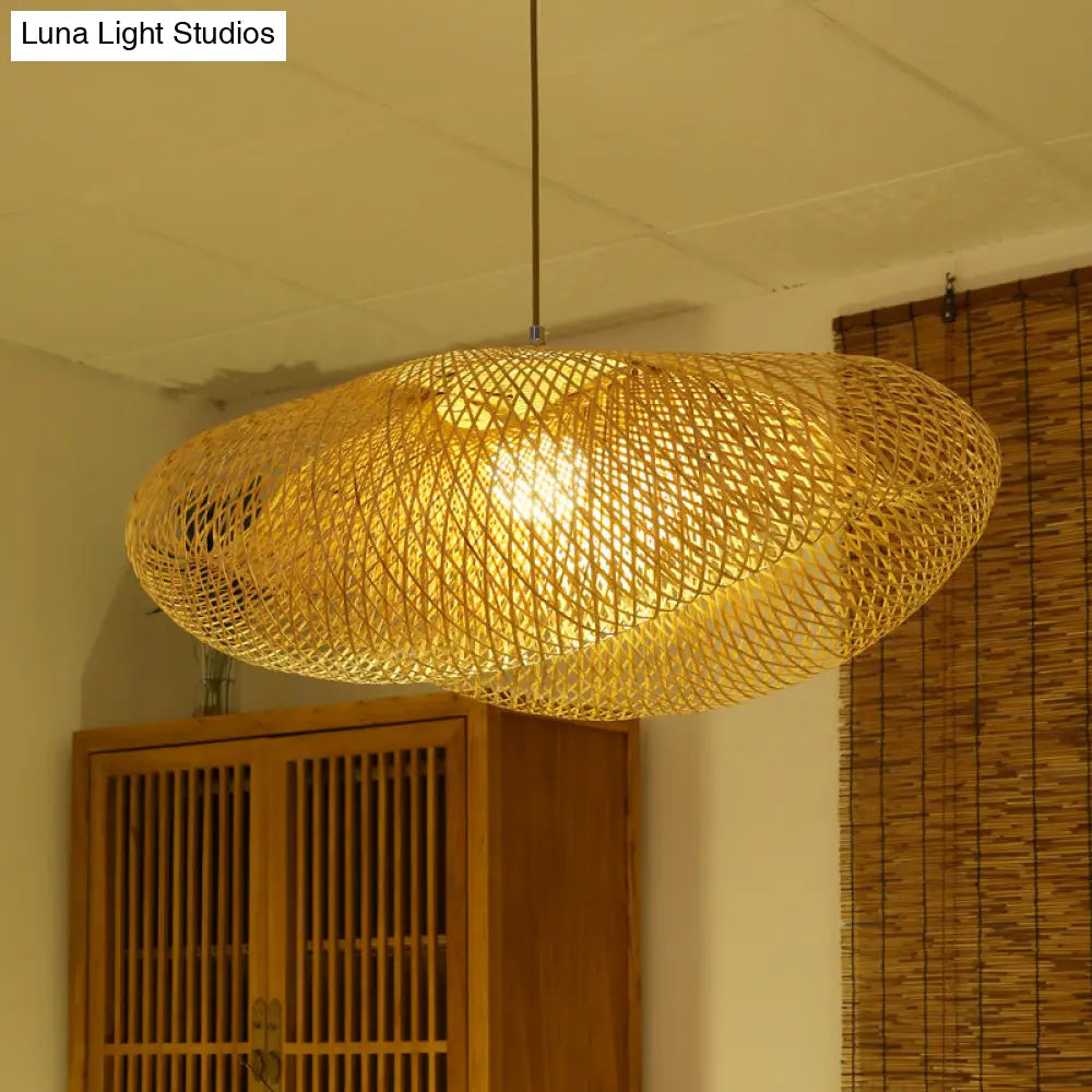 Asian Curved Pendant Light With Bamboo Shade - Flaxen Hanging Fixture 1 Bulb