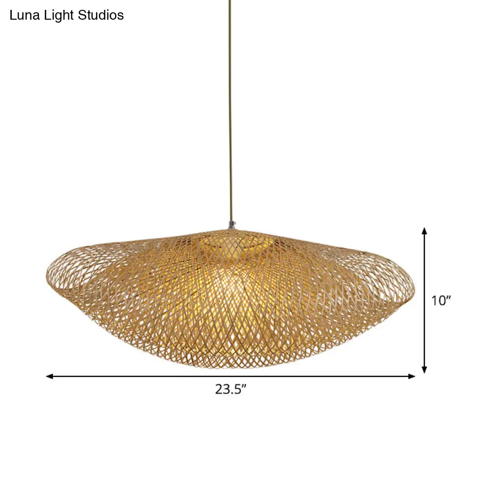 Asian Curved Pendant Light With Bamboo Shade - Flaxen Hanging Fixture 1 Bulb