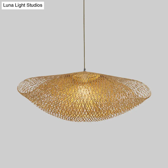 Asian Curved Pendant Light With Bamboo Shade - Flaxen Hanging Fixture 1 Bulb