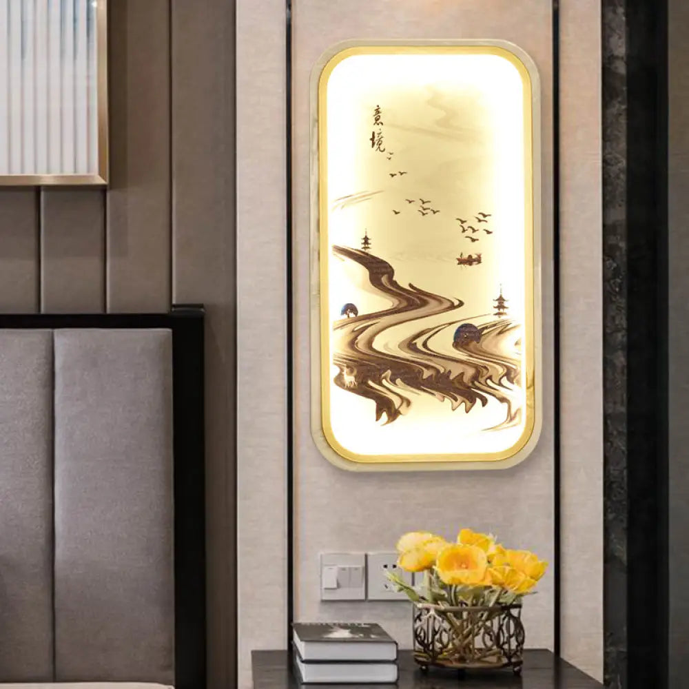 Asian Gold Led Wall Lamp For Living Room - Path Drawing Fabric Mural Lighting