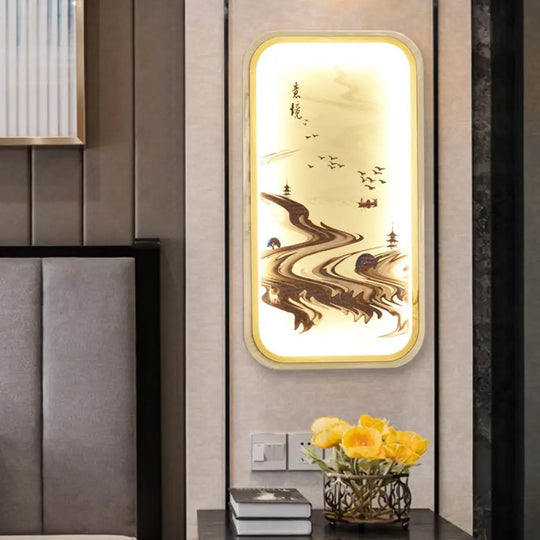 Asian Gold Led Wall Lamp For Living Room - Path Drawing Fabric Mural Lighting