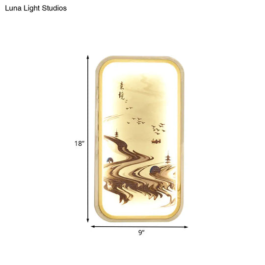 Asian Gold Led Wall Lamp For Living Room - Path Drawing Fabric Mural Lighting