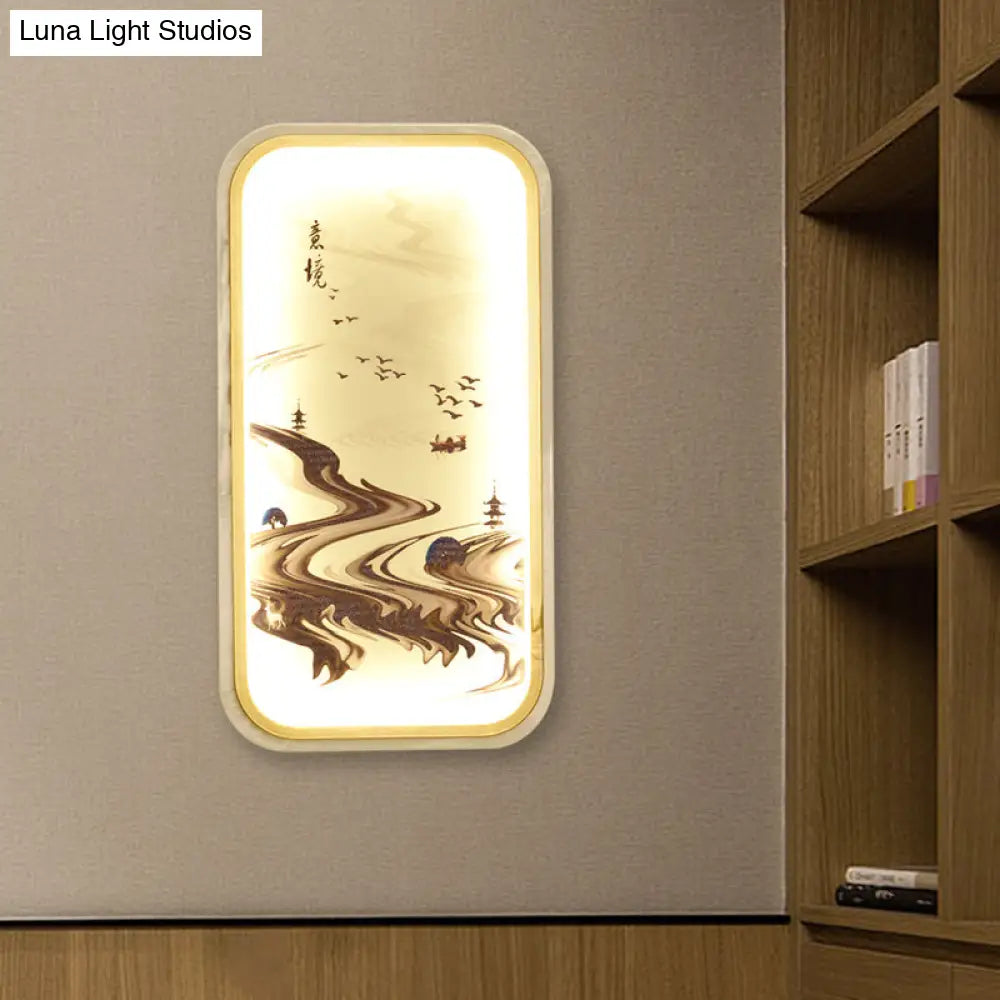 Asian Gold Led Wall Lamp For Living Room - Path Drawing Fabric Mural Lighting