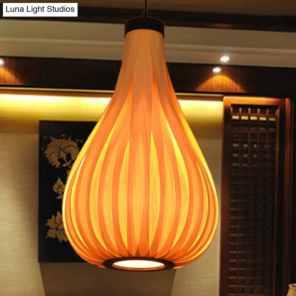 Asian Gourd Wood Ceiling Light: 1-Bulb Beige Pendant Lighting Fixture For Restaurants