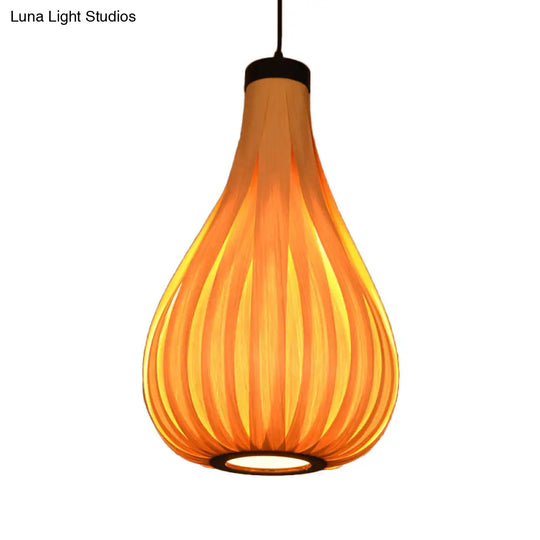 Asian Gourd Wood Ceiling Light: 1-Bulb Beige Pendant Lighting Fixture For Restaurants