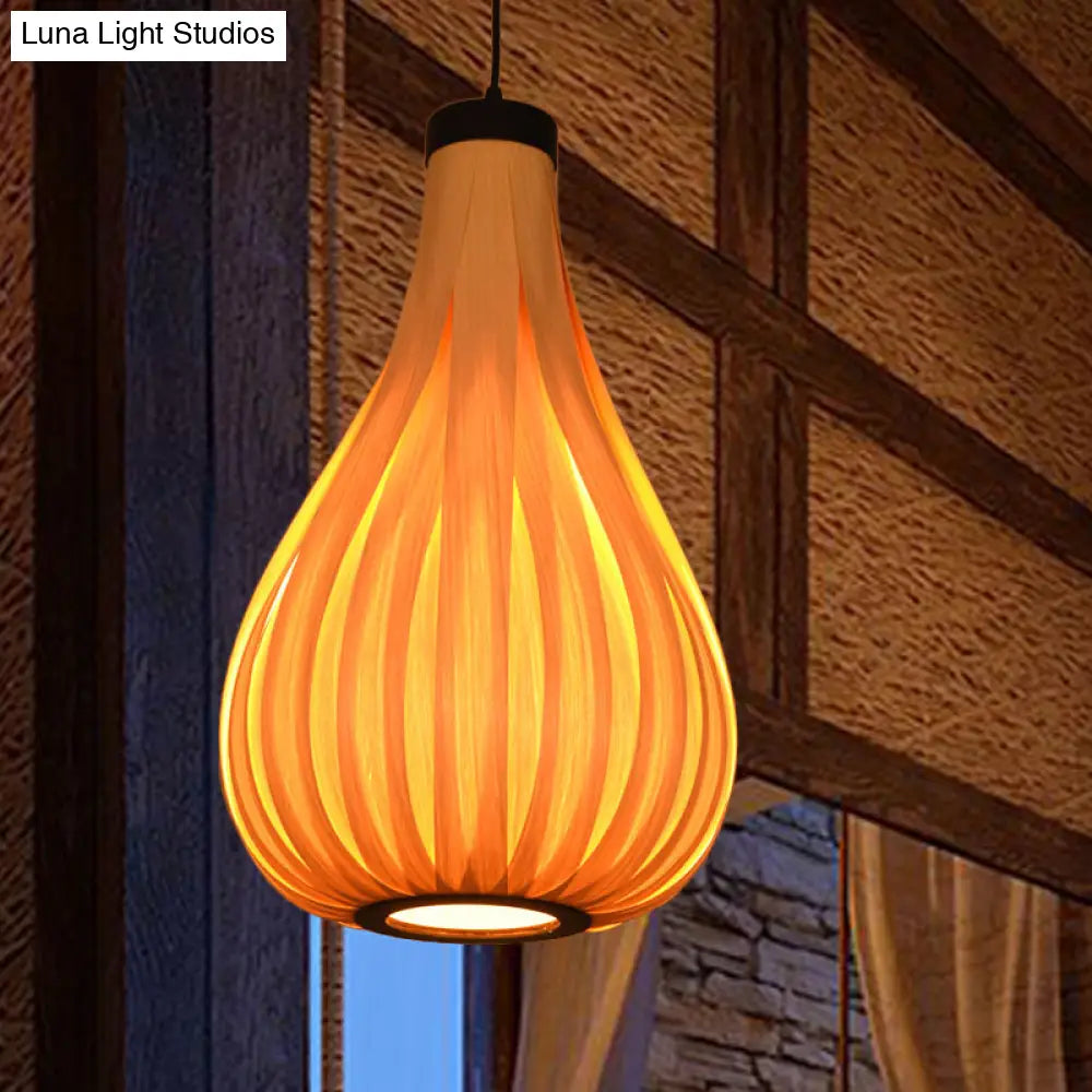 Asian Gourd Wood Ceiling Light: 1-Bulb Beige Pendant Lighting Fixture For Restaurants