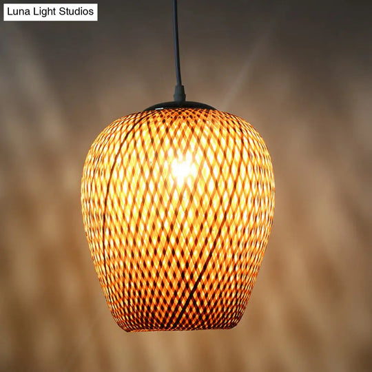 Asian-Inspired Bamboo Pendant Lamp For Study Room - Sky Lantern Shape Single-Bulb Hanging Light