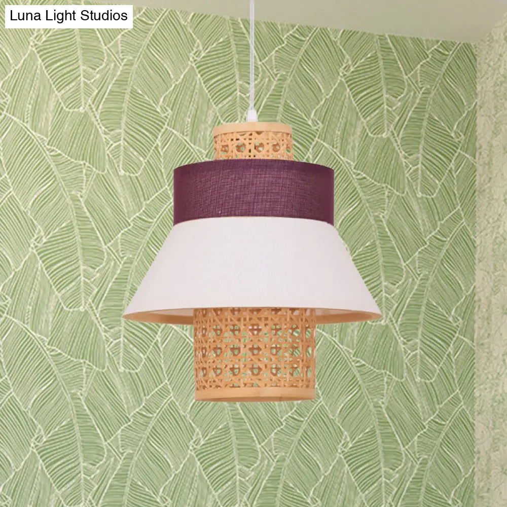 Asian-Inspired Bedroom Pendant Lamp With Handcrafted Green/Purple Fabric And Bamboo Interior Shade