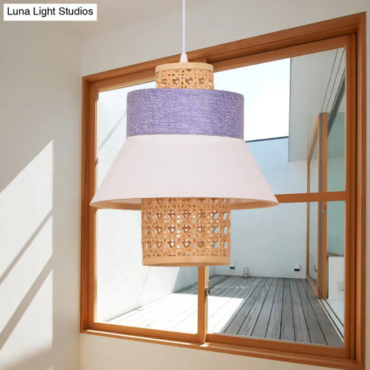 Asian-Inspired Bedroom Pendant Lamp With Handcrafted Green/Purple Fabric And Bamboo Interior Shade