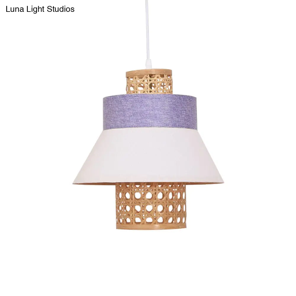 Asian-Inspired Bedroom Pendant Lamp With Handcrafted Green/Purple Fabric And Bamboo Interior Shade